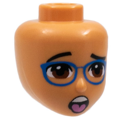 LEGO Minifiguren Köpfe (Friends) - Rotbraune Augen, blaue Brille und offener Mund mit Zunge (Nougat)